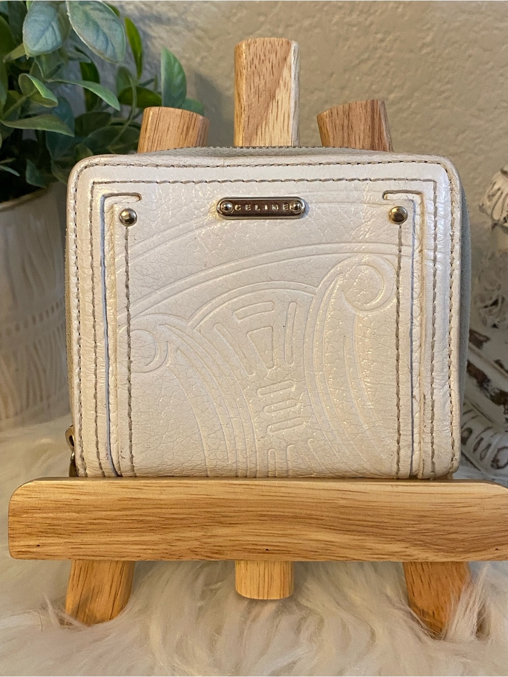 Celine Cream Embossed Leather Compact Wallet with Gold-Tone Plaque